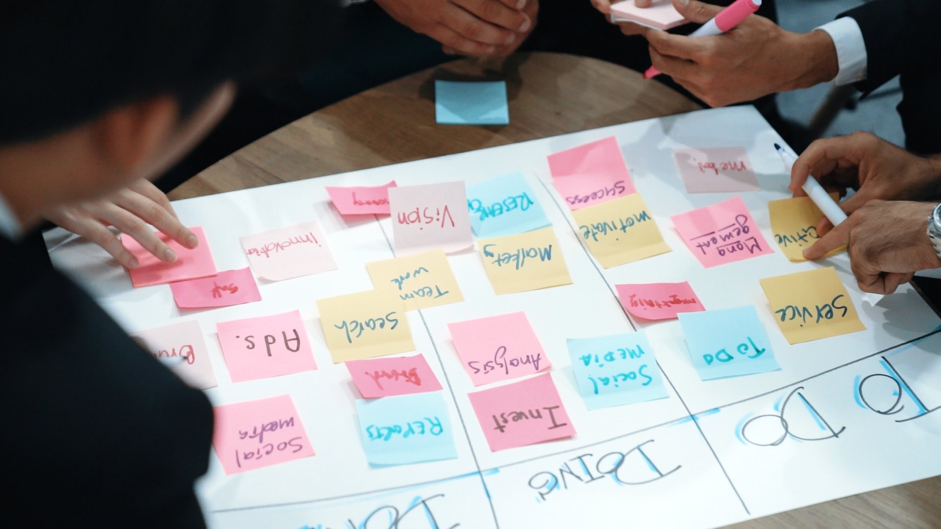 Team organizing a plan with colorful sticky notes