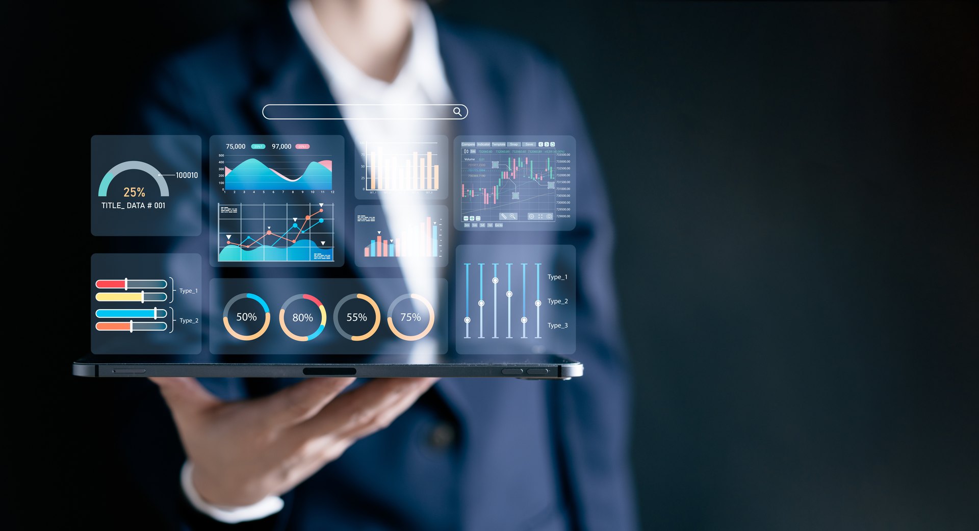 Person holding a tablet with conceptual data charts