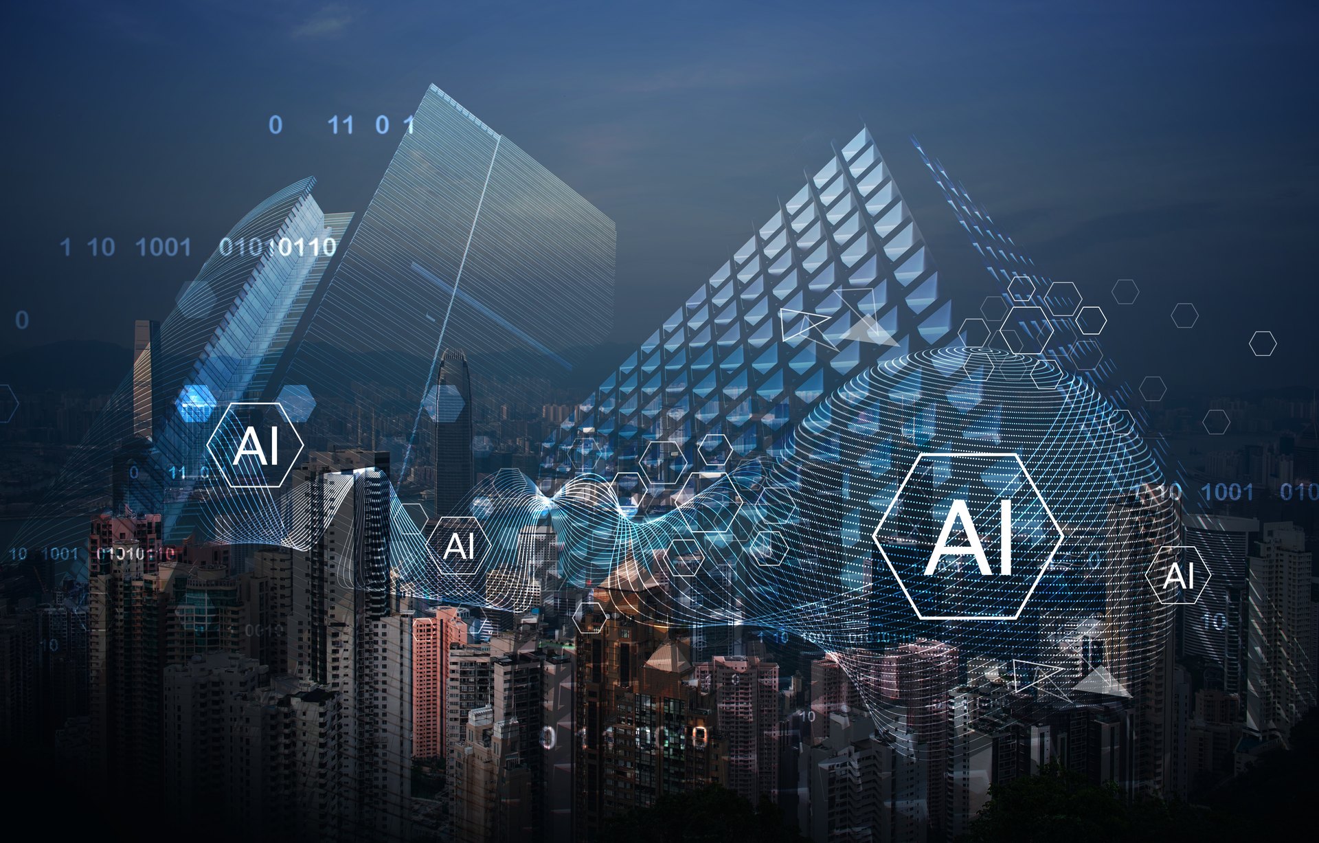 City buildings with a conceptual AI network overlay
