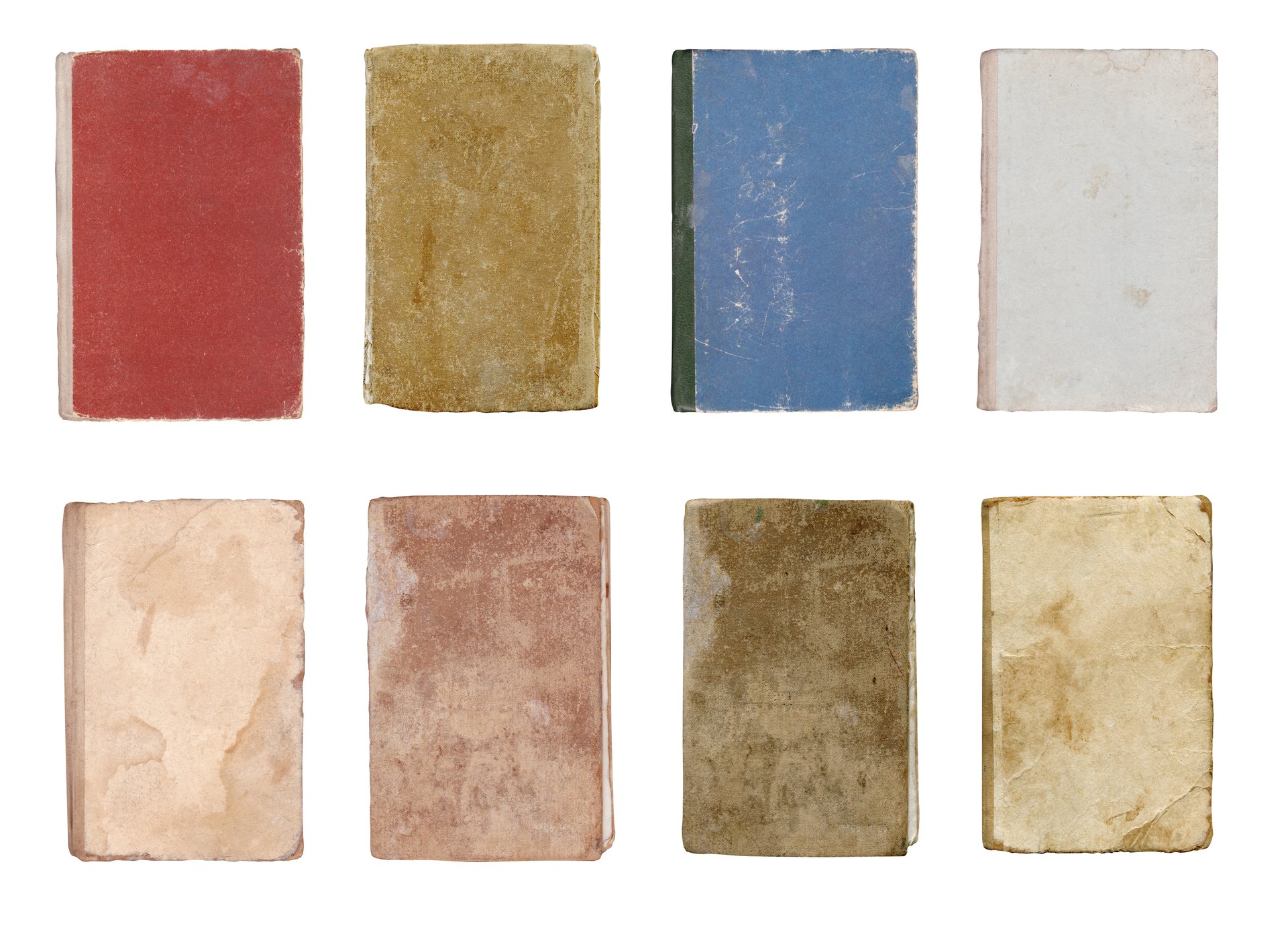 Collection of aged book covers in different colors