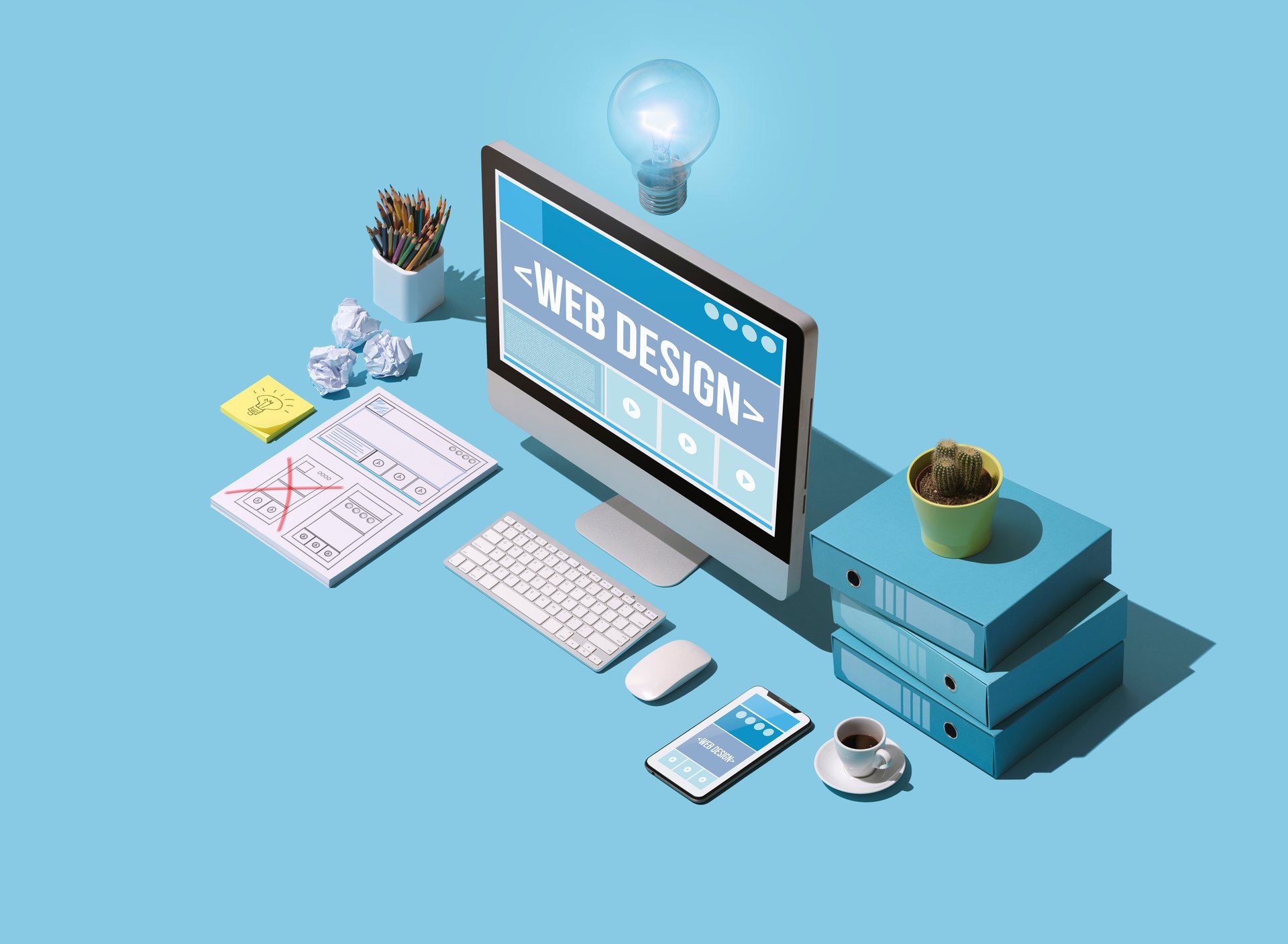 Illustrated creative workstation with design tools