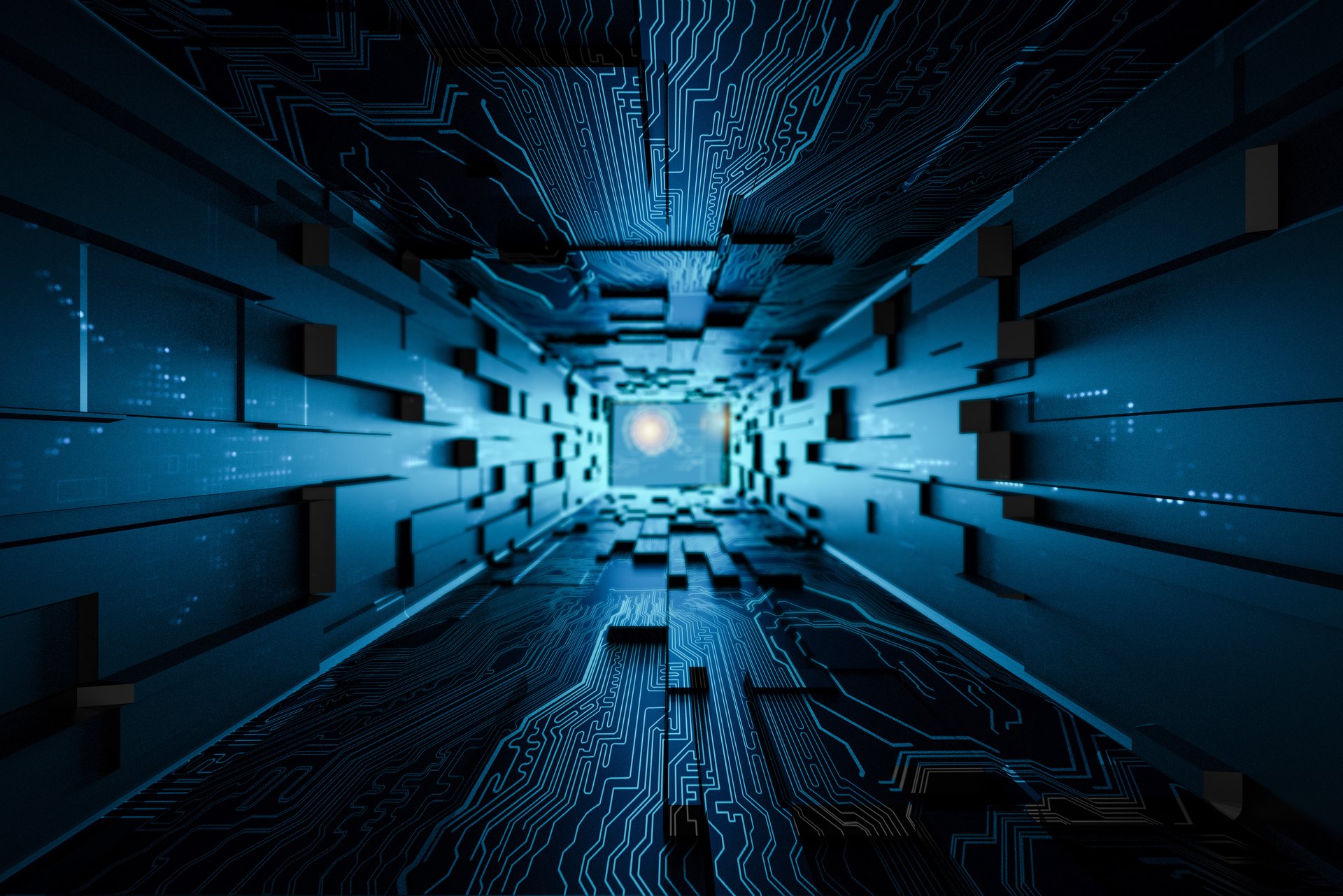Abstract digital connections converging through a geometric tunnel