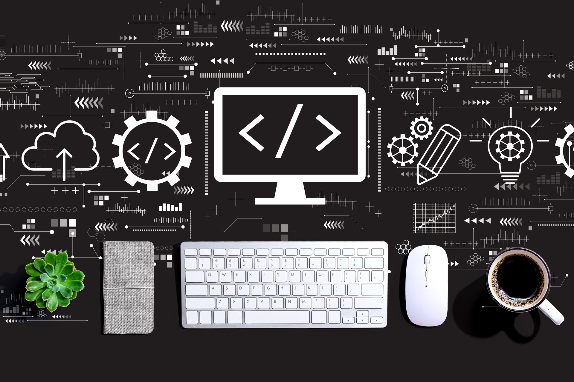 Keyboard and desk accessories with programming symbols