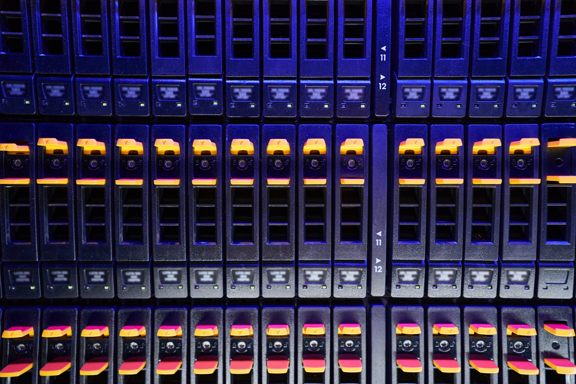 Rows of storage drives in a server rack