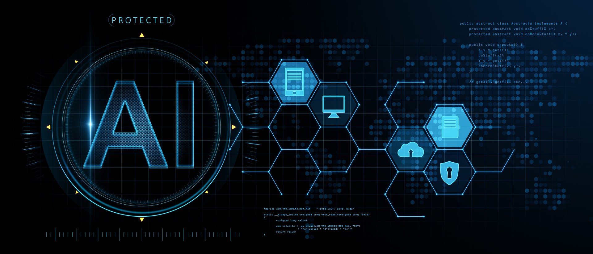 AI lettering surrounded by conceptual technology symbols