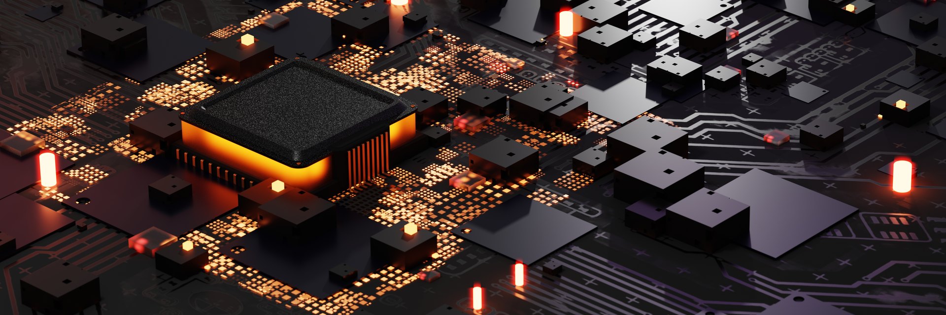 Warm-lit illustration of a processor and electronic components