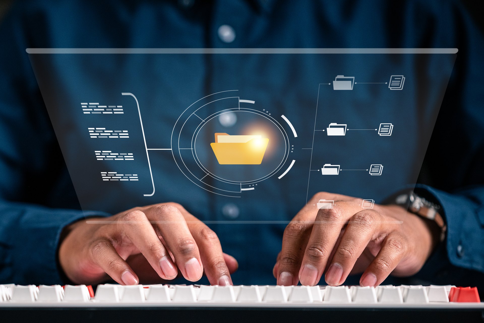 Person typing beneath a conceptual folder hierarchy
