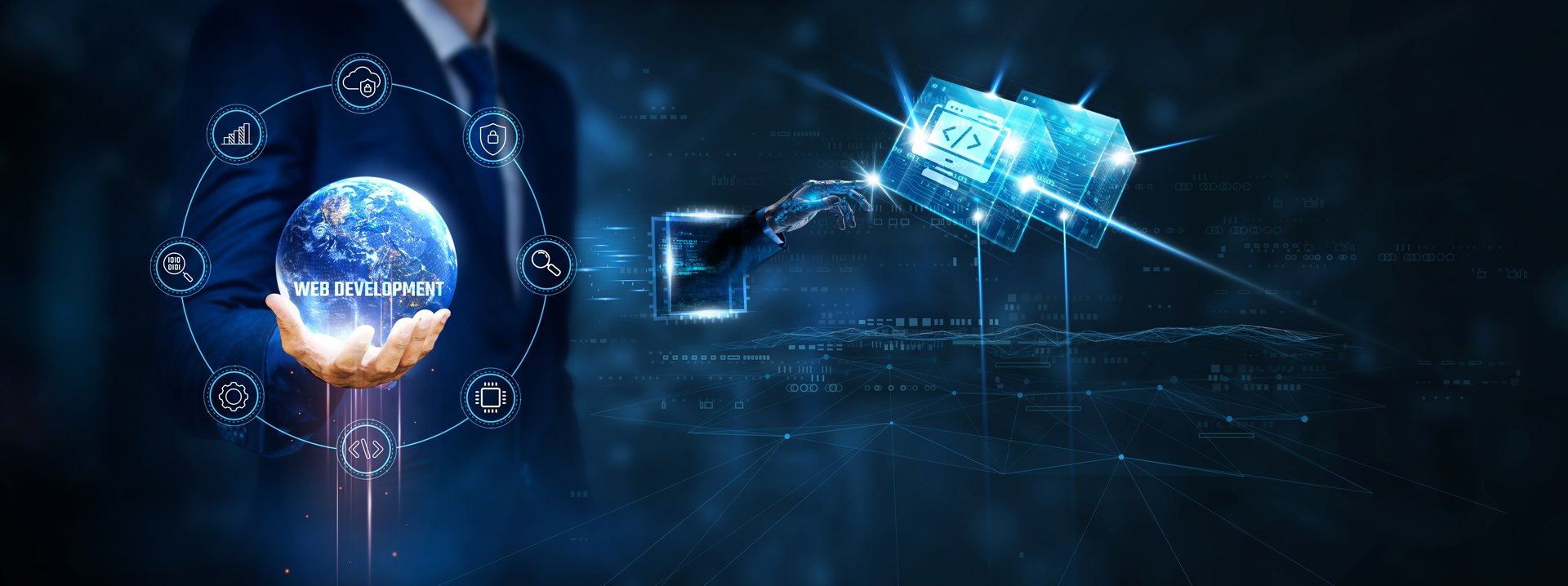 Human and robotic hands with conceptual software-development symbols